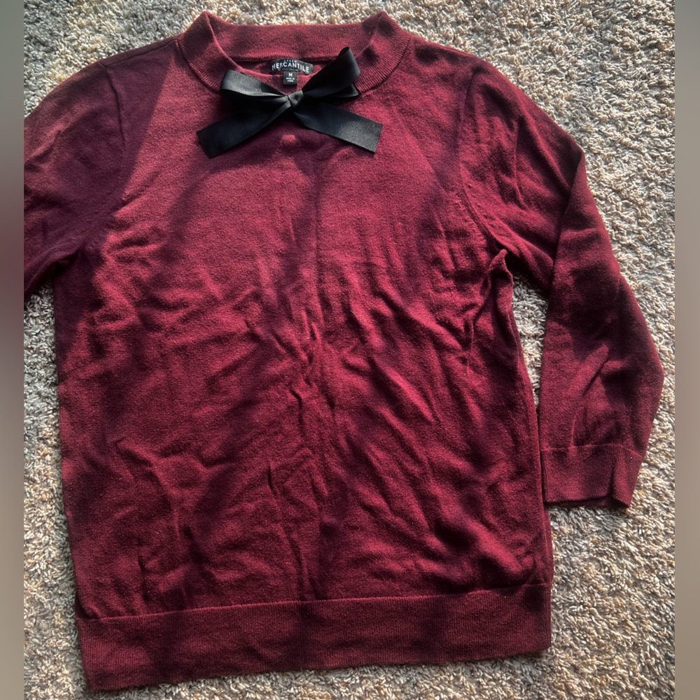 J crew burgundy sweater with cute bow on front.
